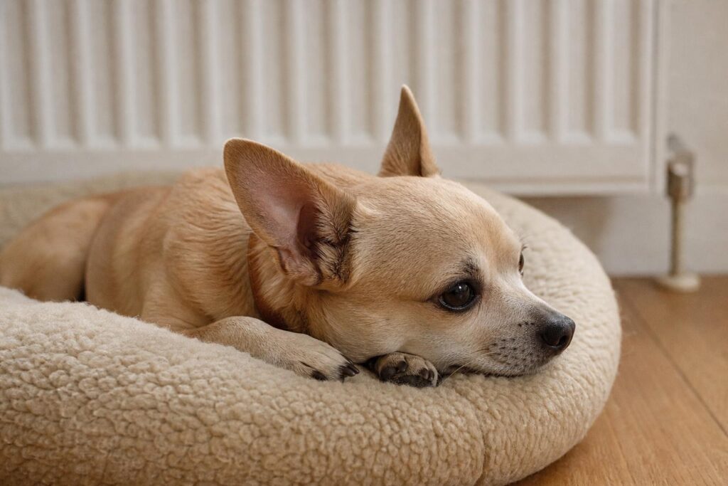 Chihuahua couché dans un panier doux près d'un radiateur, un bon réflexe pour un chien qui tremble de froid