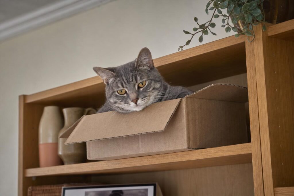 Chat tigré gris couché dans sa cachette en hauteur, sur une étagère du salon
